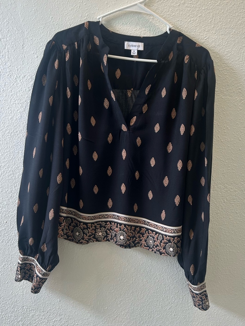 Evereve Black Blouse with Tan Paisley Border